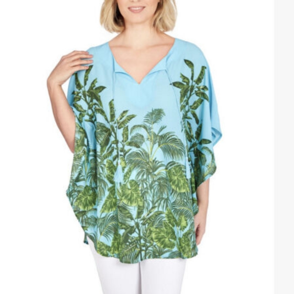 Size Medium Ruby Rd Paradise Palms Blue Green Tropical Womens Blouse Top Shirt